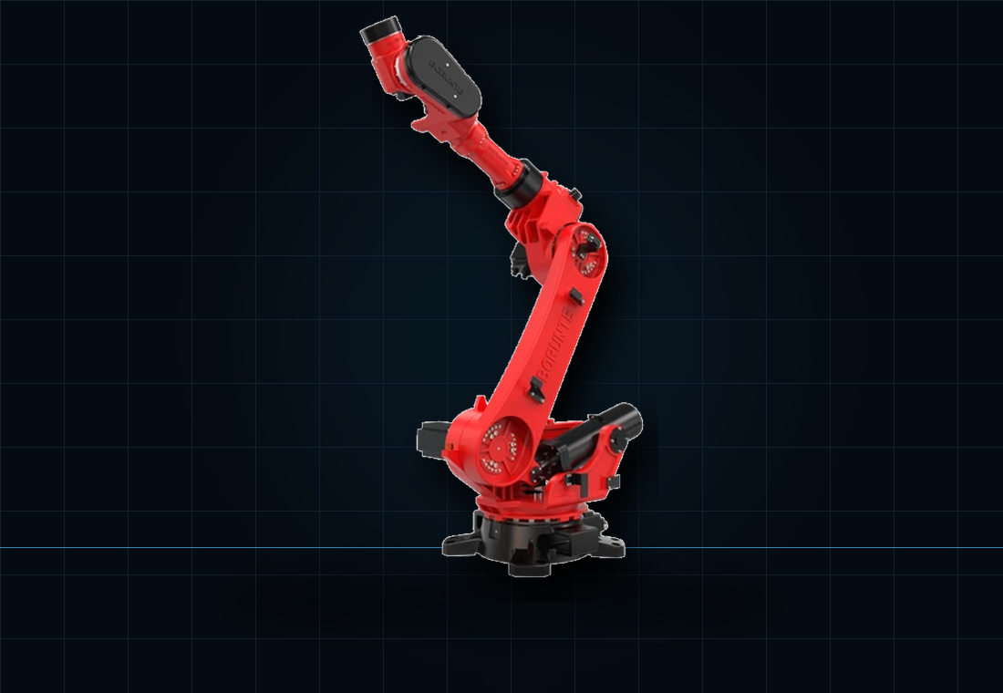 Red and black robot arm on a dark grid background.
