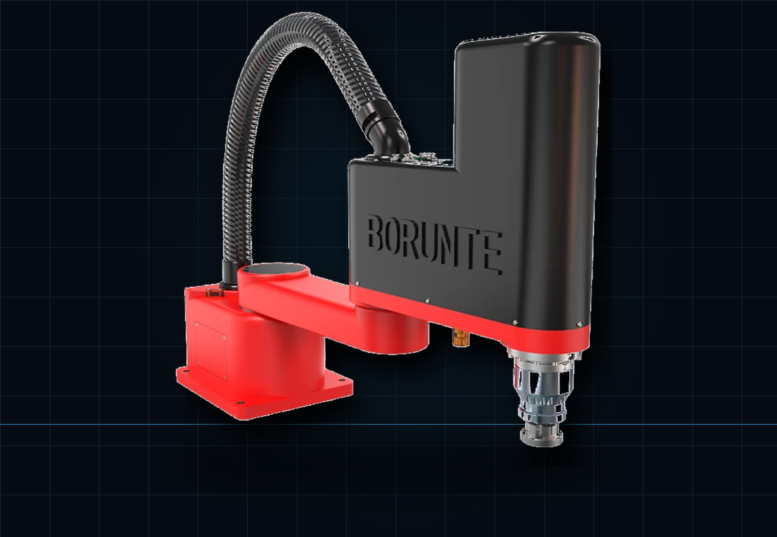 Red and black robot arm on a dark grid background.